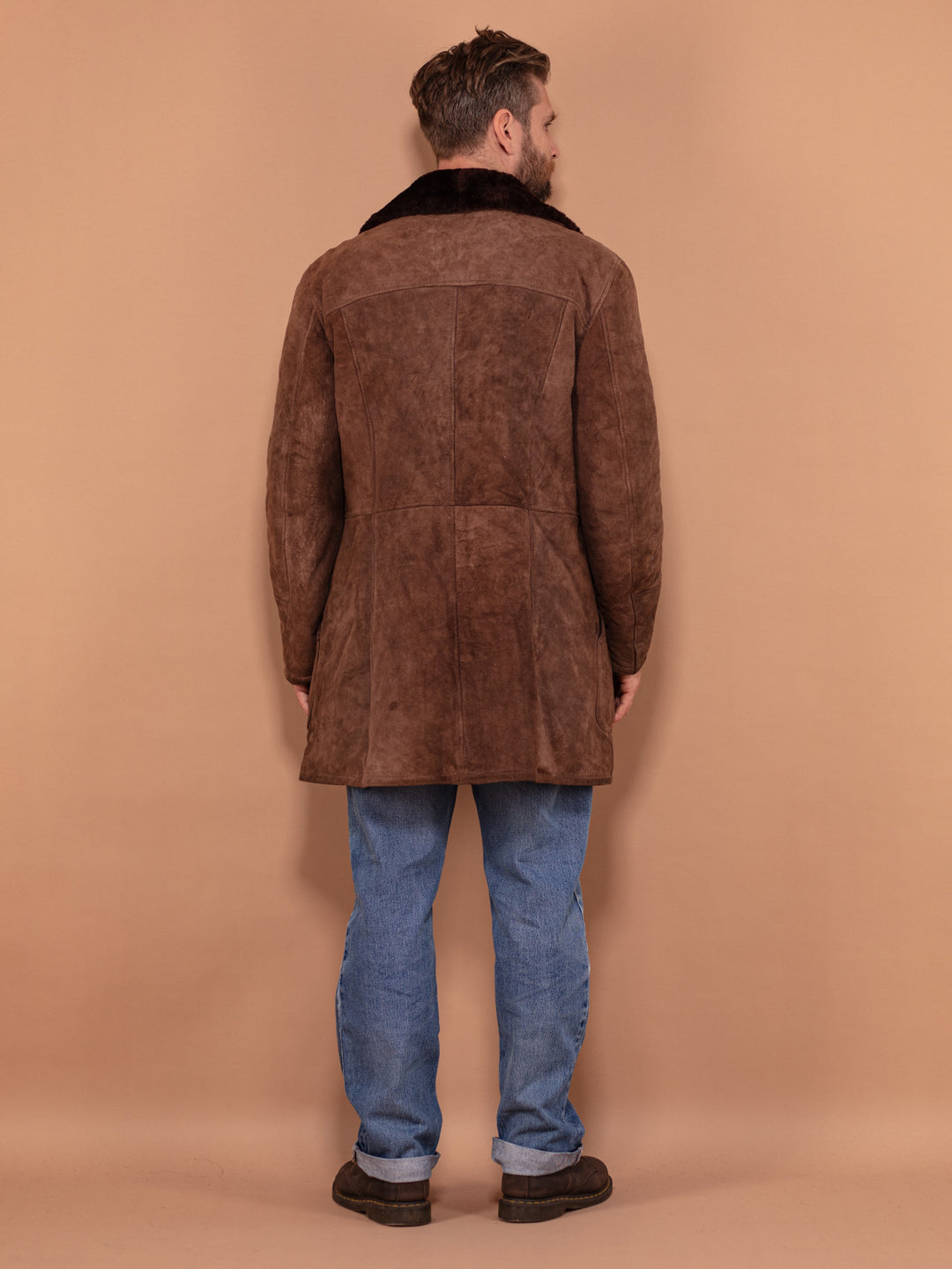 Men Shearling Suede Coat 70's, Size Large, Vintage Sheepskin Coat, Brown Suede Overcoat, Winter Outerwear, Warm Cozy Winter Coat