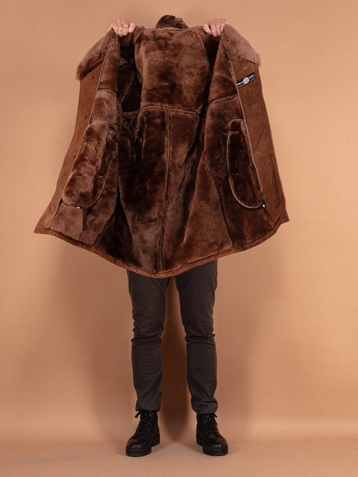 Vintage 70's Men Sheepskin Suede Coat in Brown - NorthernGrip
