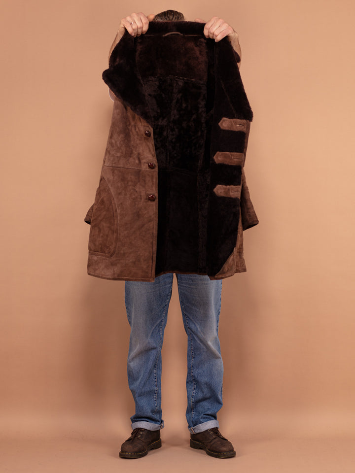 Vintage 70's Men Shearling Suede Coat in Brown - NorthernGrip