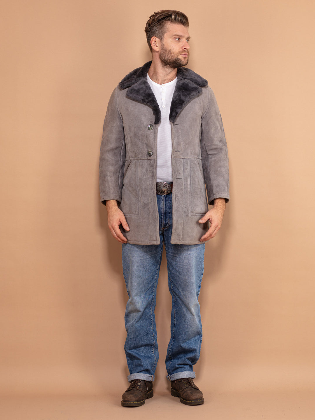 Online Vintage Store 70's Men Sheepskin Suede Coat in Grey