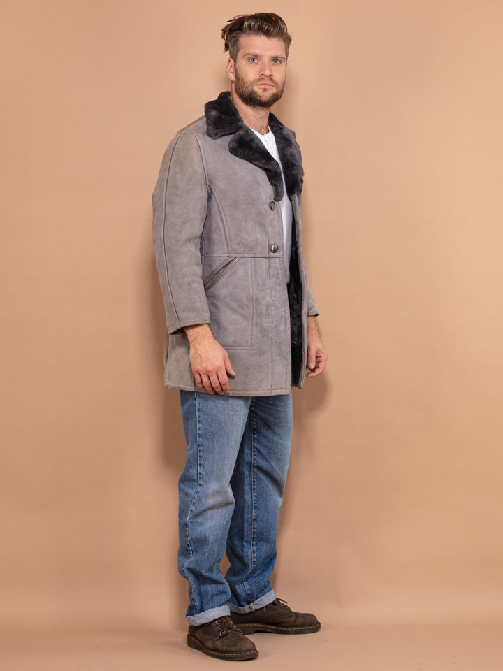 Gray Sheepskin Coat 70's, Size Small, Men Shearling Coat, Minimalist Casual Winter Coat, Grey Overcoat, Soft Suede Coat, Winter Outerwear