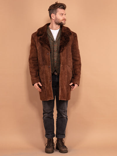 Thick Sheepskin Coat 70's, Size XL, Oversized Winter Suede Coat, Vintage Brown Shearling Coat, Classic Outerwear, Men Retro Overcoat