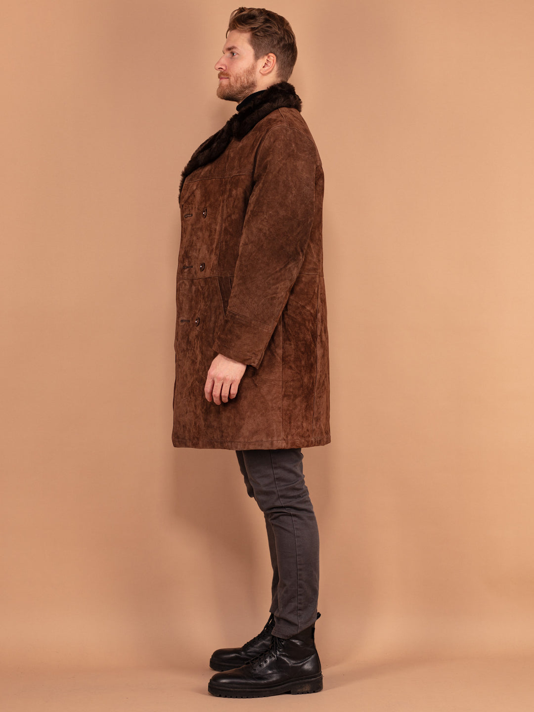 Vintage 70's Men Sherpa Lined Suede Coat in Brown - NorthernGrip