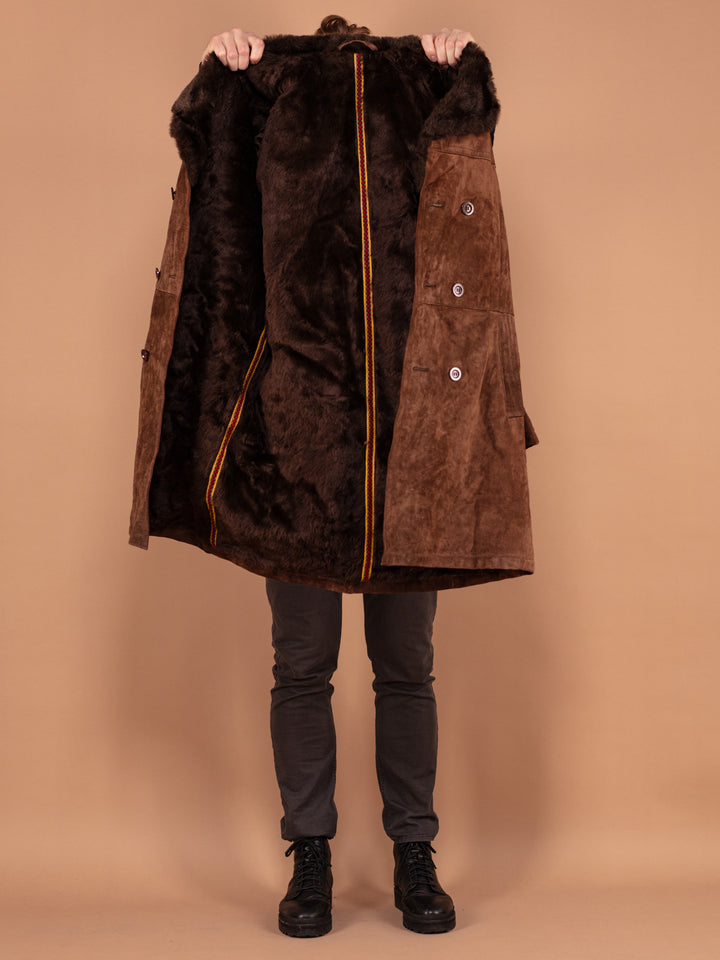 Vintage 70's Men Sherpa Lined Suede Coat in Brown - NorthernGrip