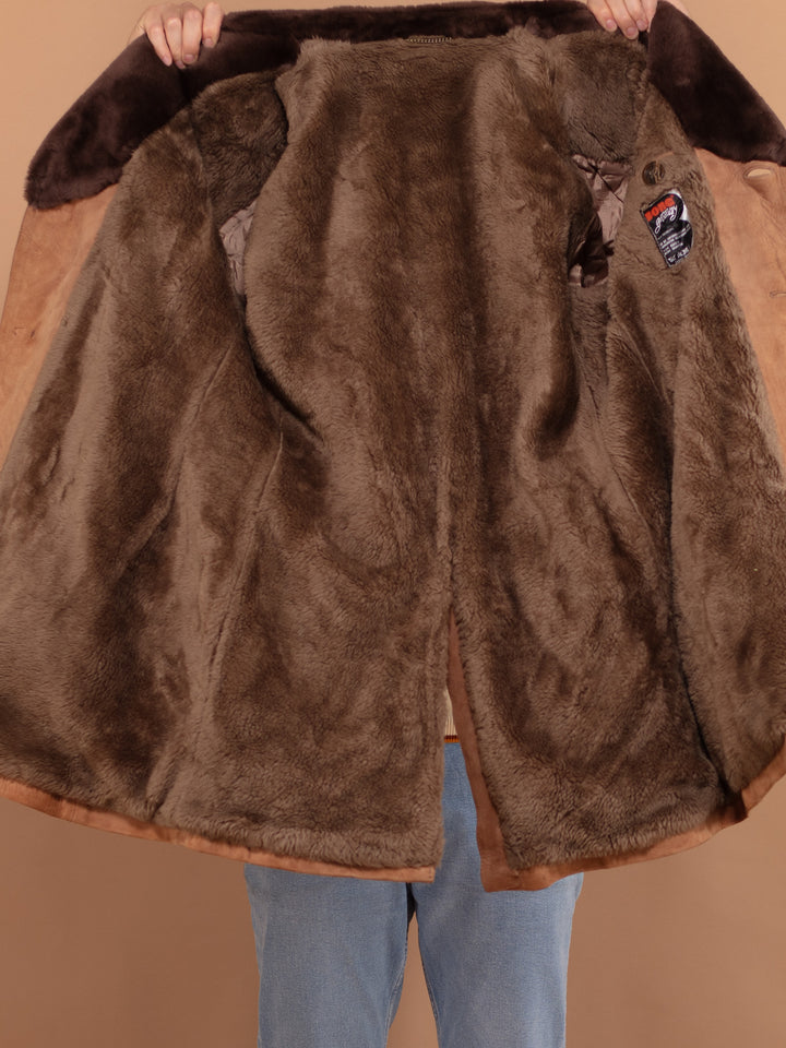Men Belted Suede Coat 70's, Size Large, Vintage Long Winter Coat with Shearling Collar, Faux Sheepskin Coat, Western Coat, Retro Sherpa Coat
