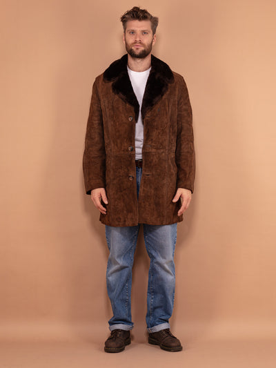 Classic 70's Suede Sherpa Coat, Size Medium, Vintage Men Faux Sheepskin Coat, Men Brown Overcoat, Warm Winter Coat, Old Fashioned Coat