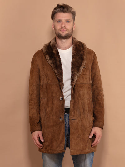 Men Suede Sherpa Lined Coat 70s, Size Large, Vintage Faux Sheepskin Coat, Western Style Coat, Boho Outfit, Shearling Collar Coat