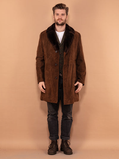 Brown Suede Sherpa Coat 70's, Size M Medium, Vintage Men Faux Sheepskin Coat, Shearling Fur Collar Coat, Outerwear, Retro Style Menswear