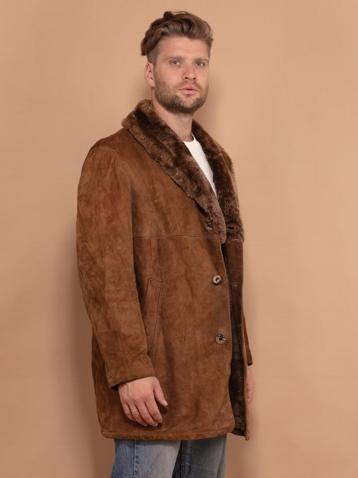 Men Suede Sherpa Lined Coat 70s, Size Large, Vintage Faux Sheepskin Coat, Western Style Coat, Boho Outfit, Shearling Collar Coat