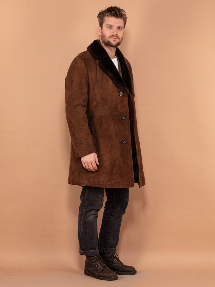 Brown Suede Sherpa Coat 70's, Size M Medium, Vintage Men Faux Sheepskin Coat, Shearling Fur Collar Coat, Outerwear, Retro Style Menswear