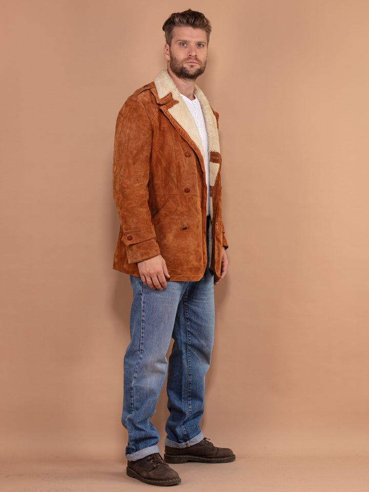 Western Suede Sherpa Coat 70's, Size Medium, Vintage Caramel Brown Cowboy Coat, Retro 70s Insulated Jacket, Double Breasted Boho Winter Coat