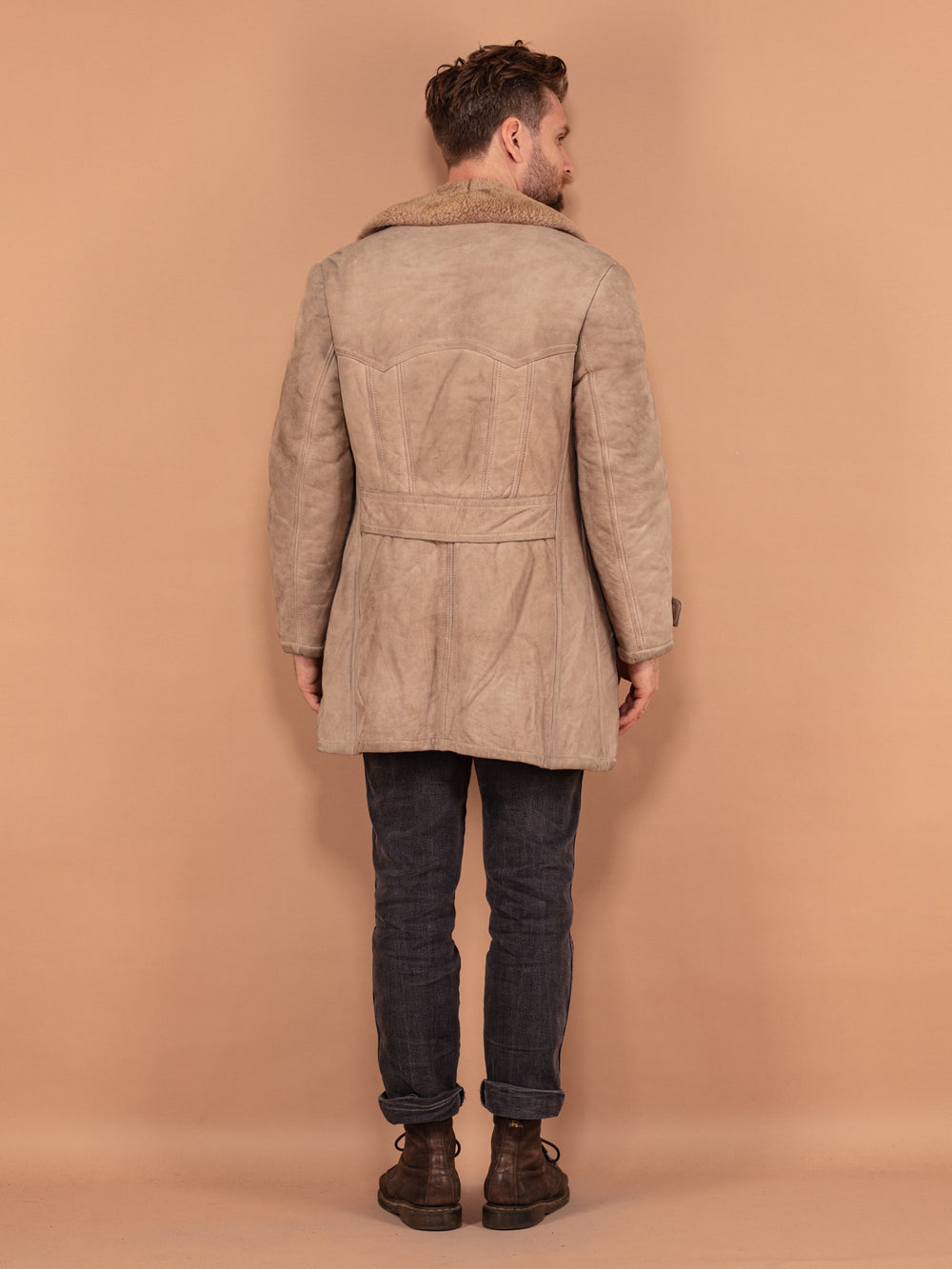 Vintage 70's Men Western Sheepskin Coat in Beige - NorthernGrip