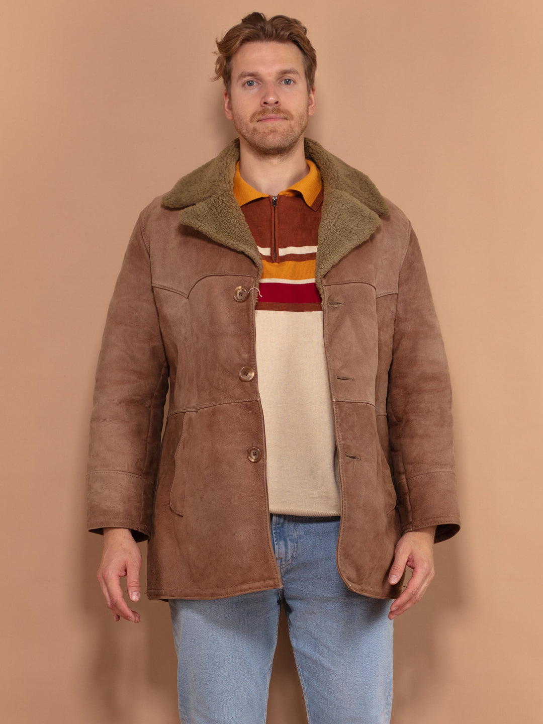 Western Style Sheepskin Coat 70s, Size Medium, Vintage Men Collared Coat, Light Brown Suede Winter Coat, Boho Outerwear, Cowboy Wear
