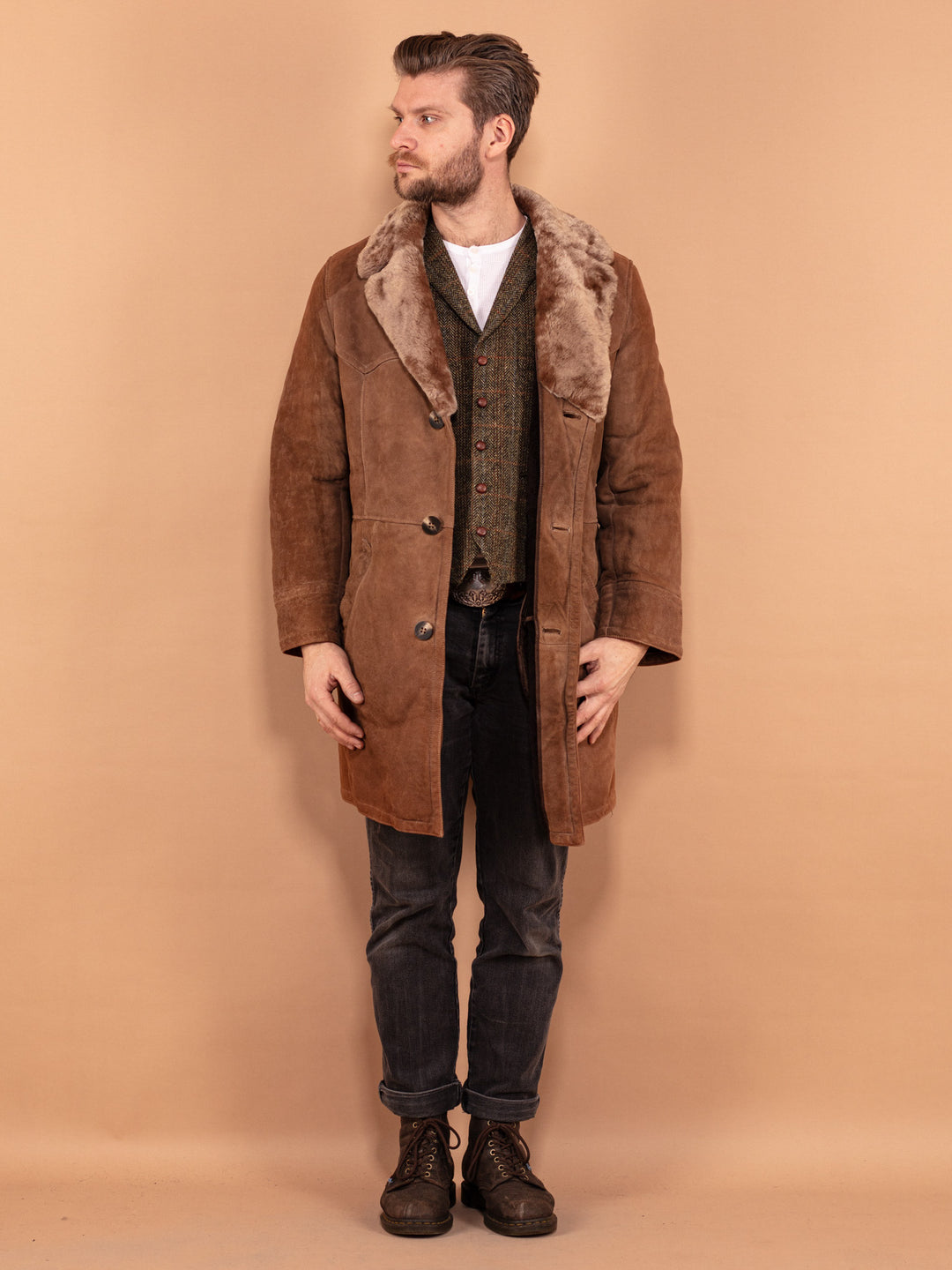 Western Sheepskin Coat 70's, Size M Medium, Sheepskin Overcoat, Cowboy Outerwear, Boho Winter Suede Coat, Brown Shearling Coat, 70s Menswear