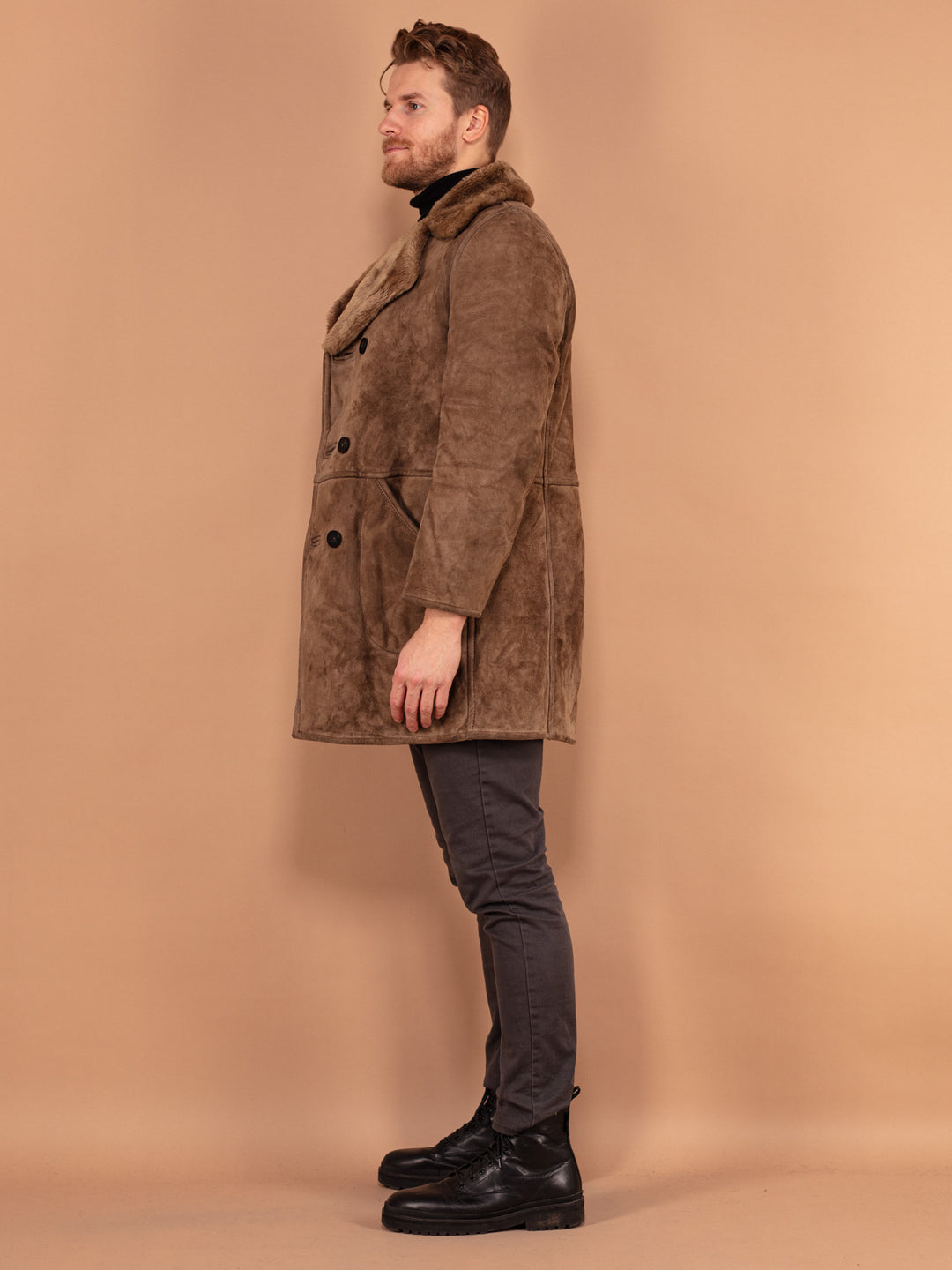 Vintage 70's Men Western Sheepskin Suede Coat in Brown - NorthernGrip