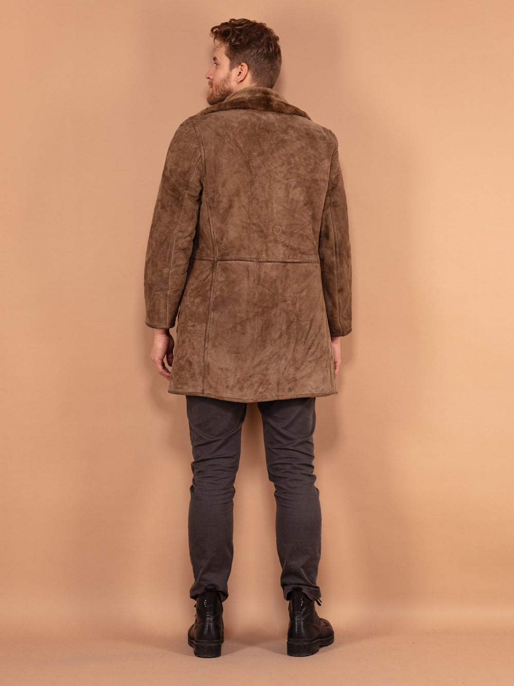 Vintage 70's Men Western Sheepskin Suede Coat in Brown - NorthernGrip