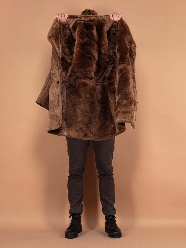 Vintage 70's Men Western Sheepskin Suede Coat in Brown - NorthernGrip