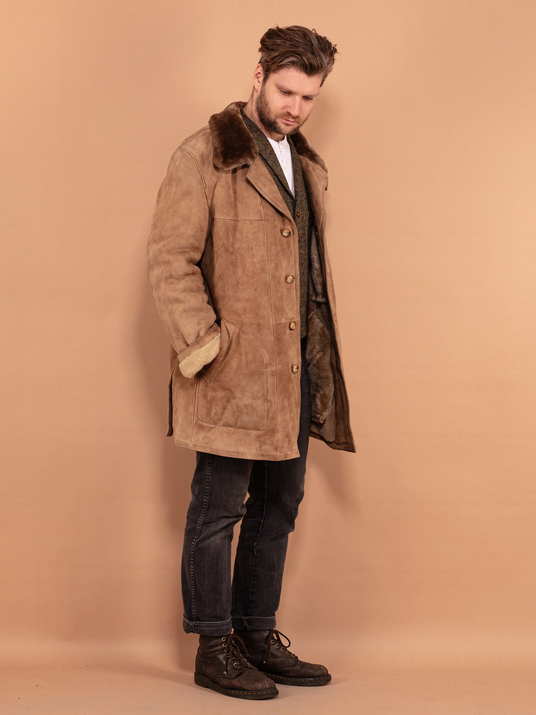 Beige 70s Sheepskin Coat, Size L Large, Light Brown Western Sheepskin Overcoat, Winter Outerwear, Shearling Suede Coat, Sustainable Clothing