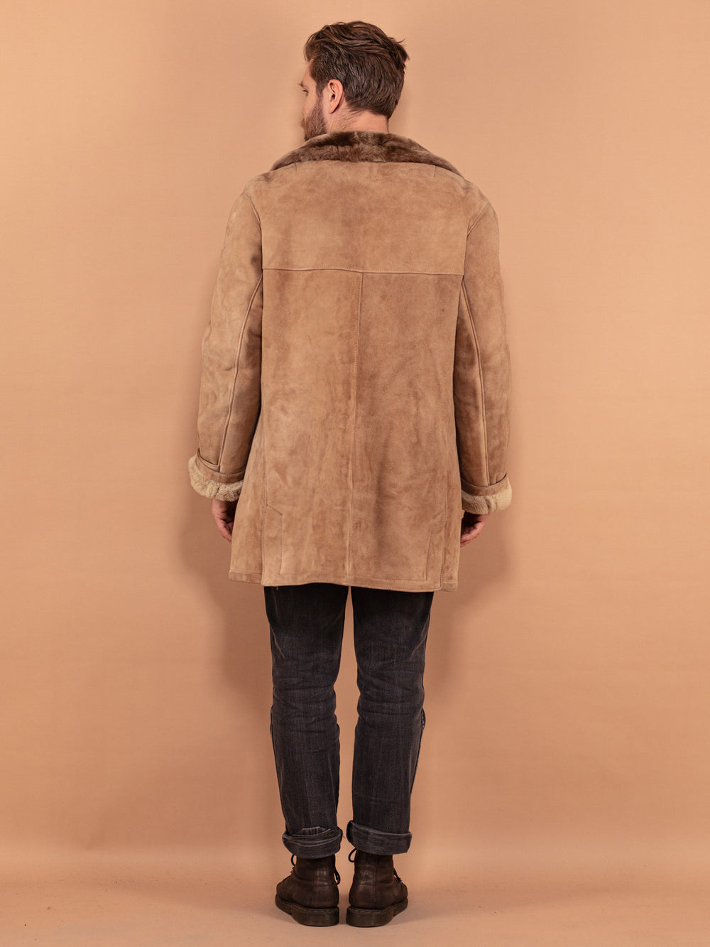 Vintage 70's Men Sheepskin Suede Coat in Beige - NorthernGrip