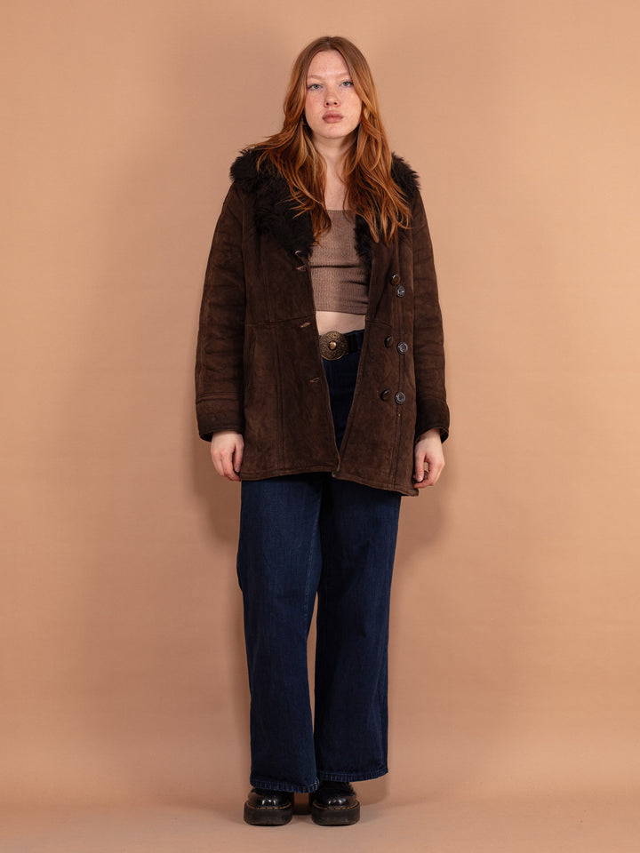Vintage 70's Women Sheepskin Suede Coat in Brown - NorthernGrip