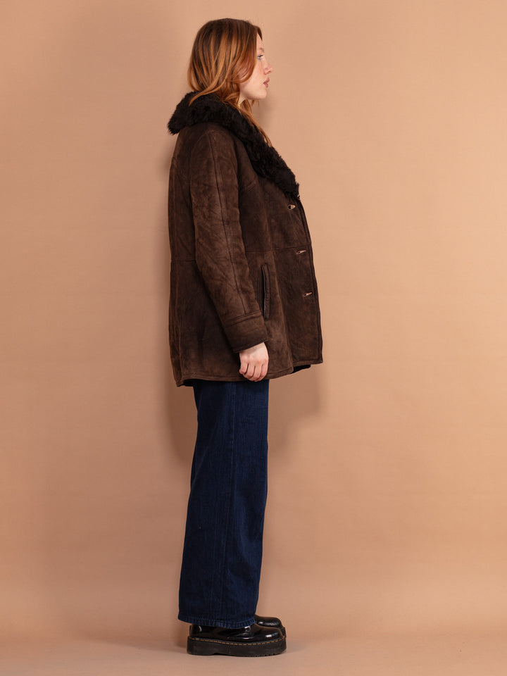 Vintage 70's Women Sheepskin Suede Coat in Brown - NorthernGrip