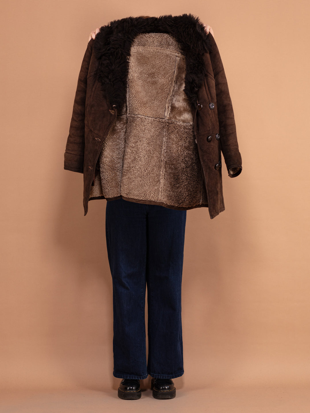 Sheepskin Suede Coat 70's, Size M Medium, Vintage Classic Shearling Winter Coat, Boho Brown Women Overcoat, Double Breasted Fur Collar Coat