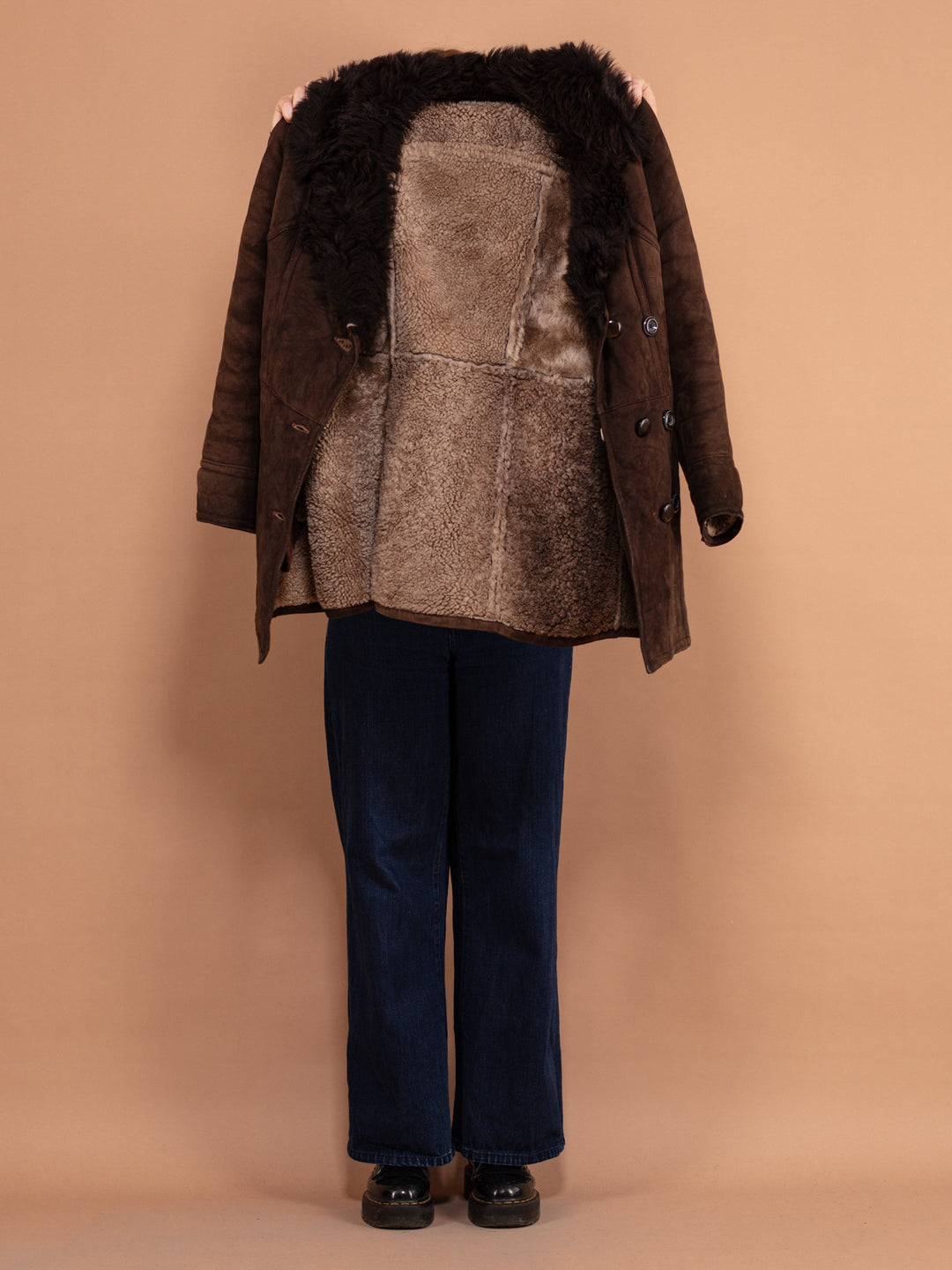 Vintage 70's Women Sheepskin Suede Coat in Brown - NorthernGrip