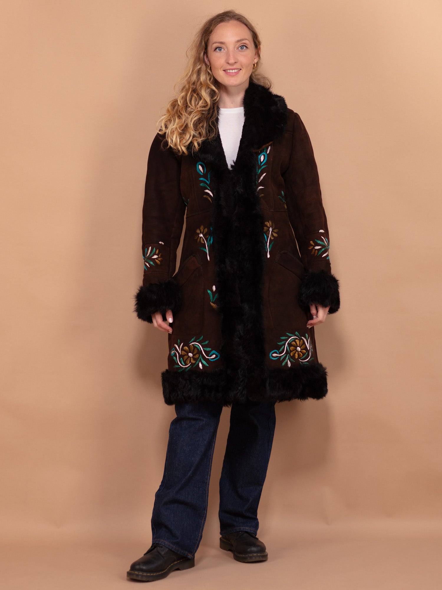 Online Vintage Store 70 s Women Embroidered Penny Lane Sheepskin Coat in Brown Northern Grip NorthernGrip