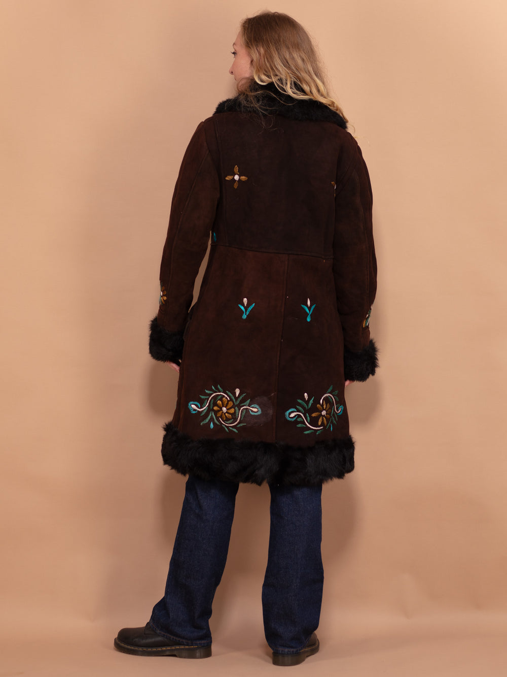 Vintage 70's Women Embroidered Penny Lane Sheepskin Coat in Brown - NorthernGrip
