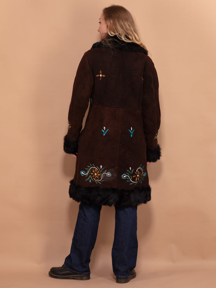 Embroidered Penny Lane Coat 70's, Size Small, Vintage Afghan Coat, Women Dark Brown Sheepskin Coat, Fur Trim Warm Winter Shearling Coat
