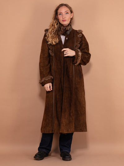 Fur Trim Suede Coat 70's, Size Medium, Vintage Button Up Straight Maxi Coat, Brown Autumn Coat, Chic Women Long Coat, Fall Outerwear