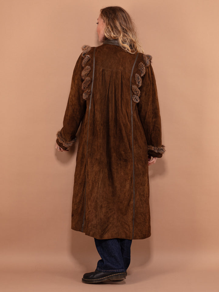 Fur Trim Suede Coat 70's, Size Medium, Vintage Button Up Straight Maxi Coat, Brown Autumn Coat, Chic Women Long Coat, Fall Outerwear