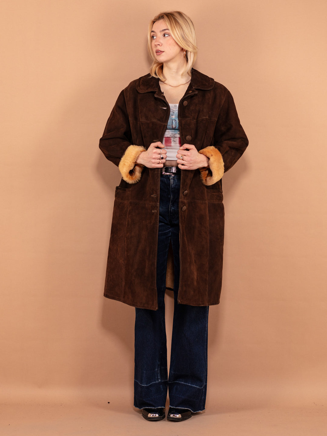 Heavy Sheepskin Coat 70's, Size XL, Western Suede Vintage Coat, Minimalist Shearling Overcoat, Cowgirl Winter Outerwear, Durable Thick Coat