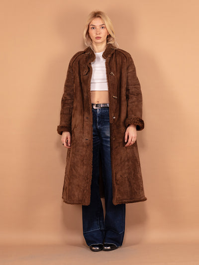 Long Sheepskin Suede Coat 70's, Size Medium, Vintage Women Brown Winter Coat, Midi Length 70s Raglan Coat, Retro Sheepskin Outerwear