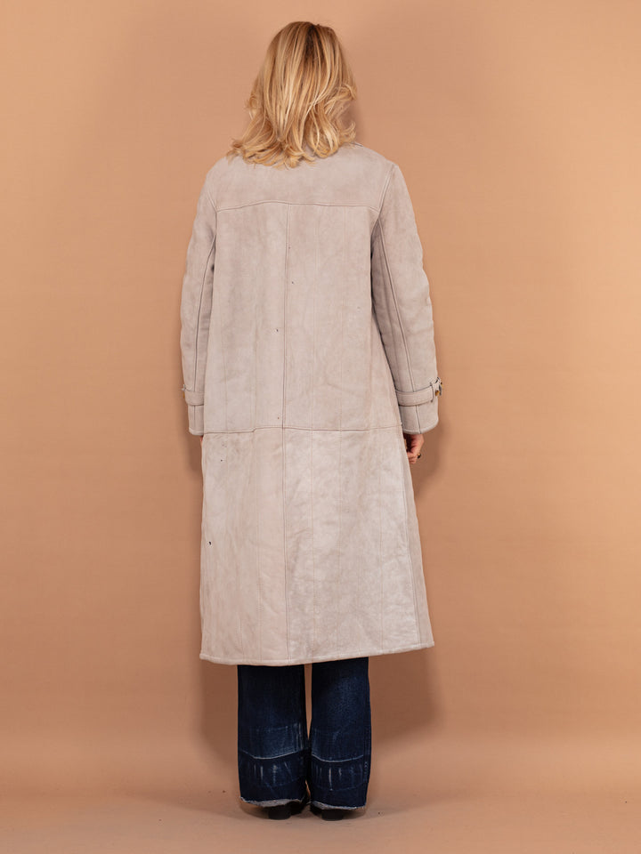 Gray Sheepskin Suede Coat 70's, Size L Large, Vintage Women Long Winter Coat, Retro Midi Length 80's Coat, Cozy Shearling Outerwear