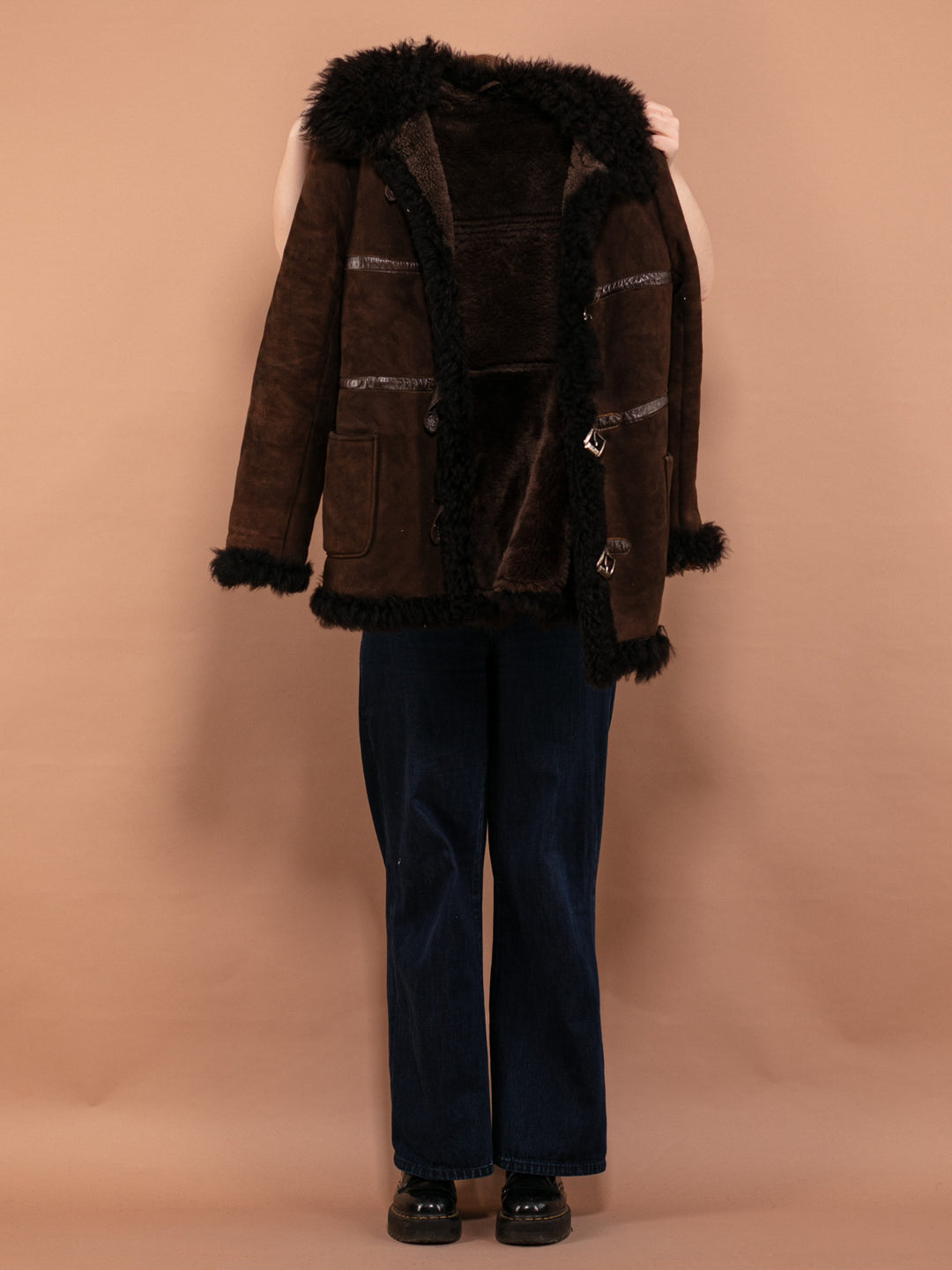 Penny Lane Sheepskin Coat 70's, Size S Small, Vintage Brown Suede Afghan Coat, Buckle Closure Boho Hippie Style Coat, Retro Fur Trim Coat
