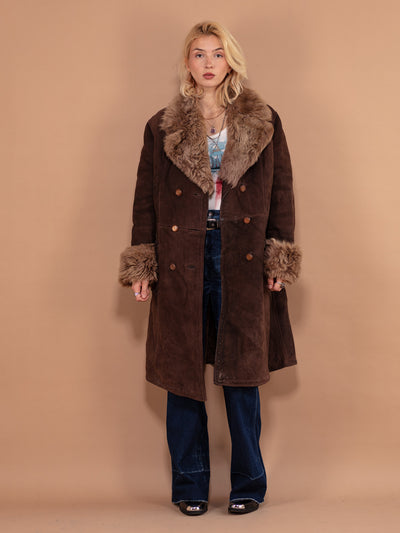 Women Penny Lane Sheepskin Coat 70s, Size Small, Vintage Shearling Coat, Dark Brown Suede Retro Coat, Boho Style Midi Coat, Winter Outerwear
