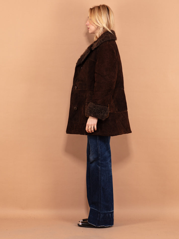 Penny Lane Sheepskin Coat 70s, Size M Medium, Women Vintage Short Fitted Shearling Coat, Boho Dark Brown Suede Coat, Hippie Afghan Coat