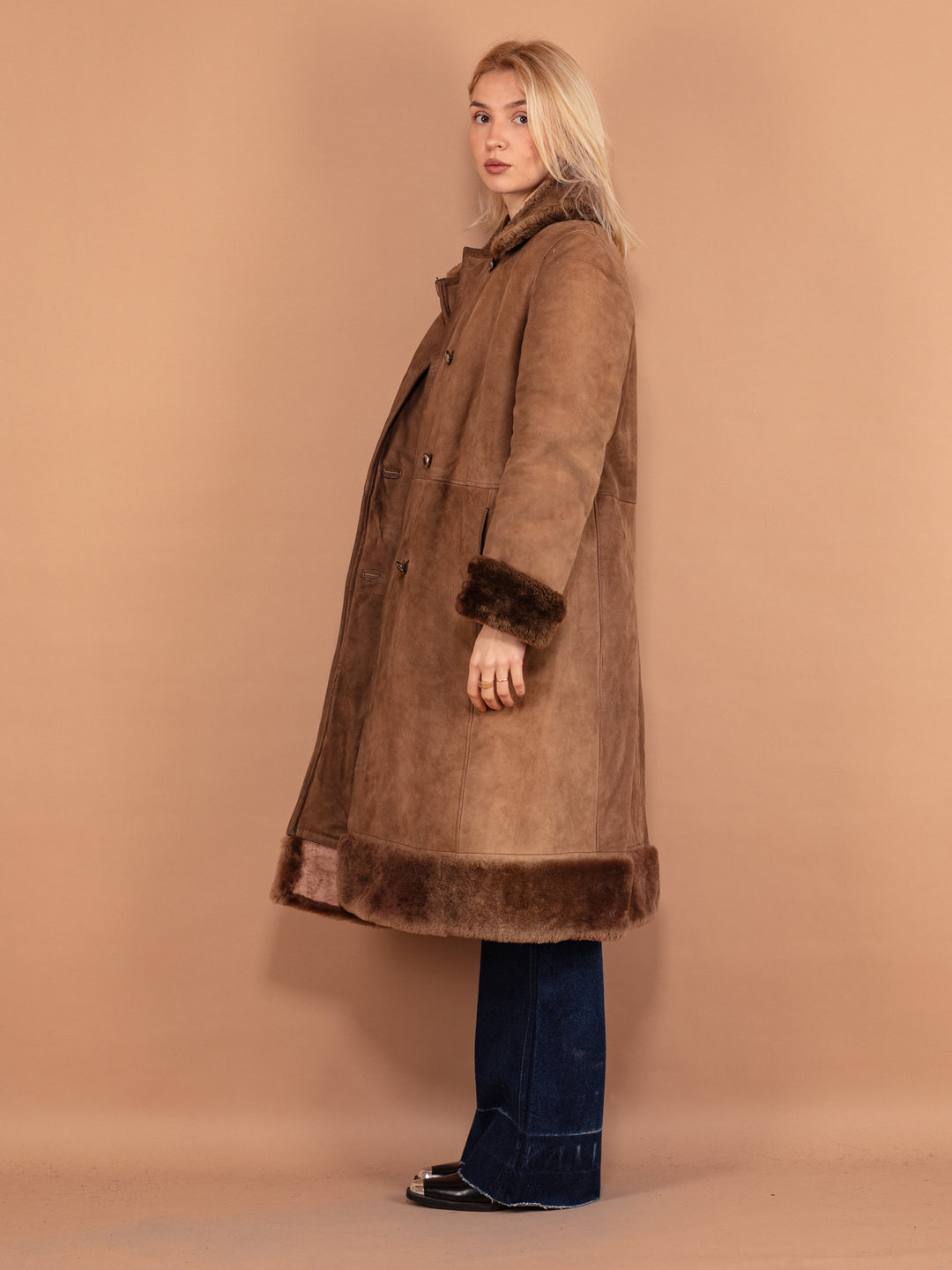 70's Penny Lane Sheepskin Coat, Size Large, Women Afghan Coat, Long Shearling Coat, Boho Hippie Overcoat, Wool Trim Brown Suede Coat