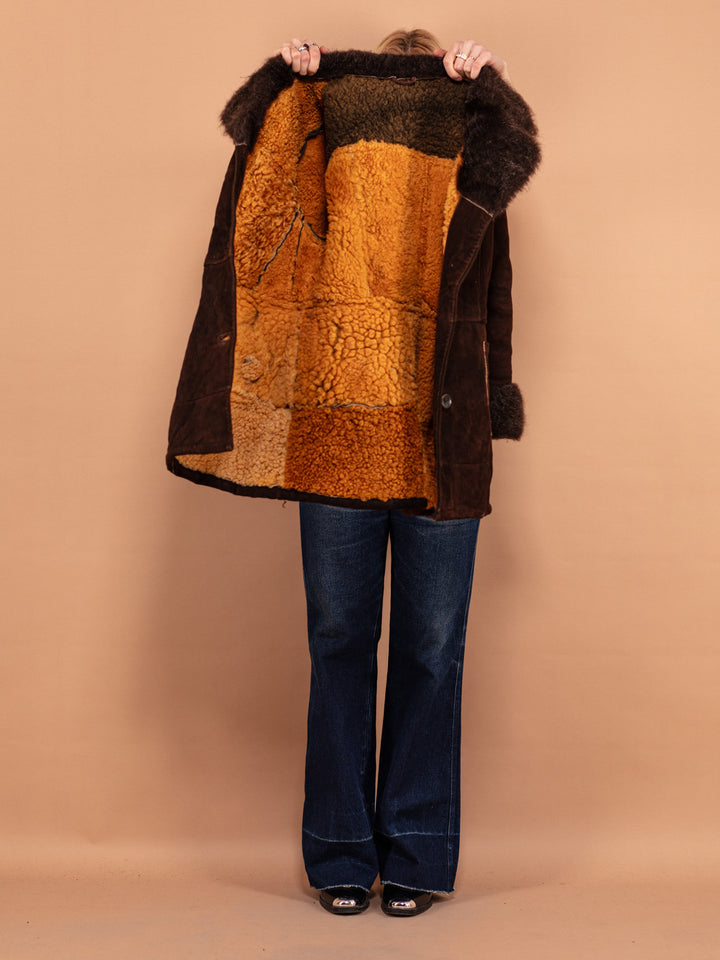 Penny Lane Sheepskin Coat 70s, Size M Medium, Women Vintage Short Fitted Shearling Coat, Boho Dark Brown Suede Coat, Hippie Afghan Coat