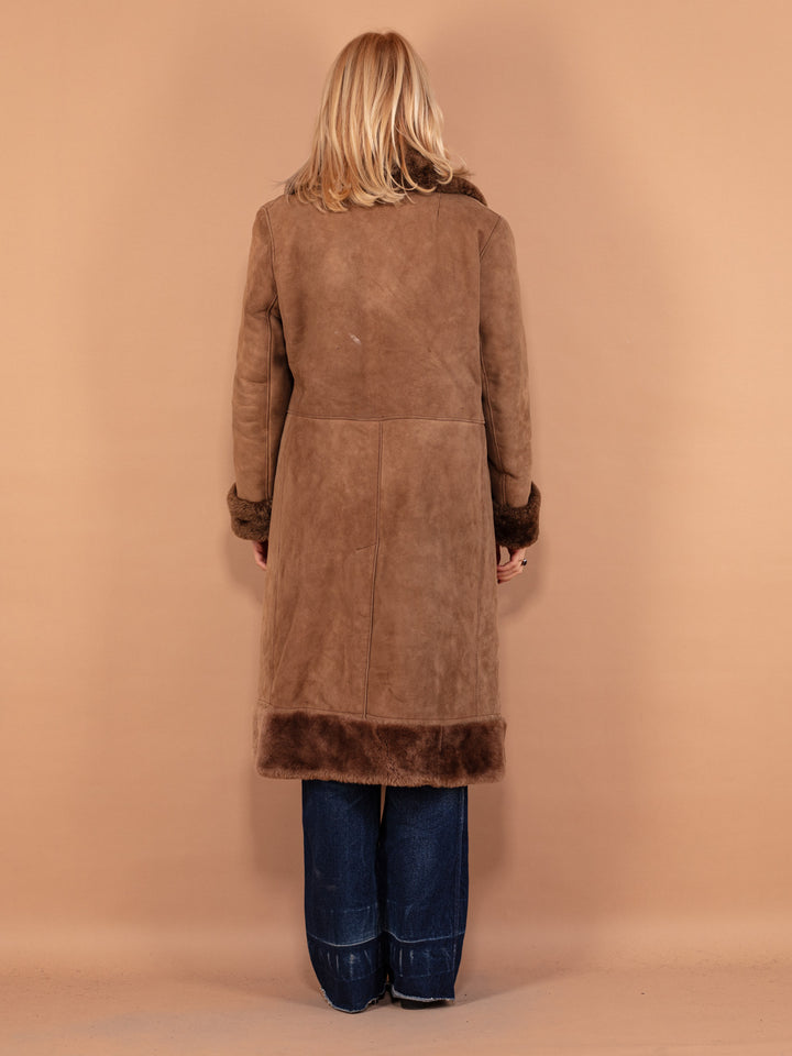 70's Penny Lane Sheepskin Coat, Size Large, Women Afghan Coat, Long Shearling Coat, Boho Hippie Overcoat, Wool Trim Brown Suede Coat