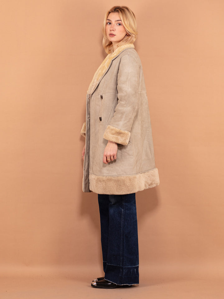 Penny Lane Sheepskin Coat 70s, Size M Medium, Shearling Suede Coat, Beige Winter Overcoat, Vintage Women Outerwear, 1970s Clothing