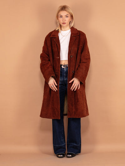 Sheepskin Suede Coat 70s, Size Large, Vintage Shearling Lammy Coat, Casual Comfy Suede Overcoat, Women Outerwear, Caramel Brown Coat
