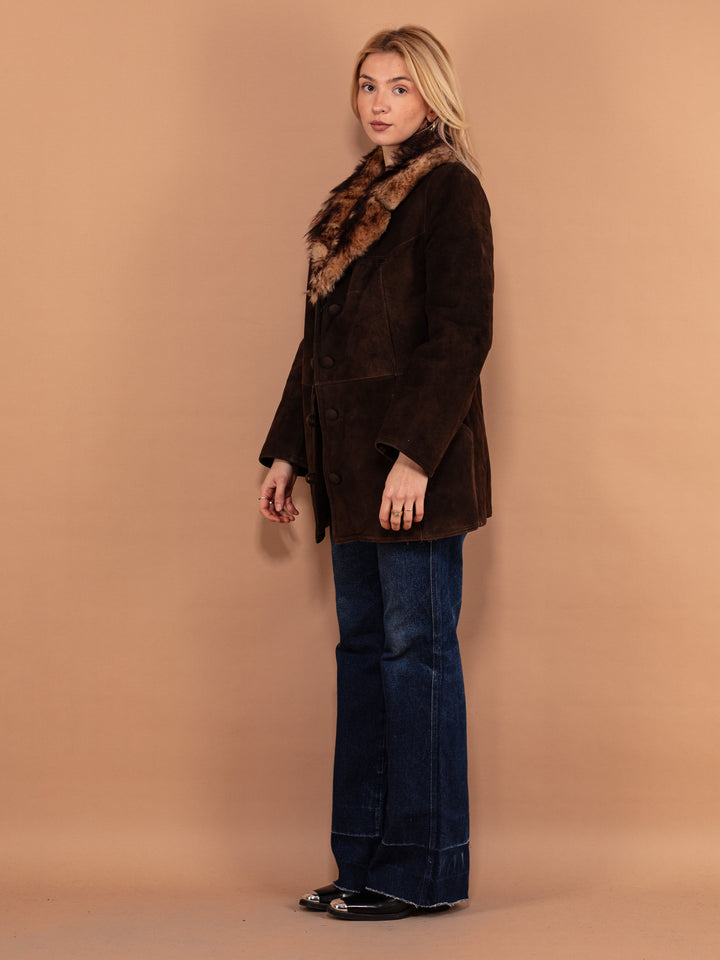 70's Sheepskin Coat with Fur Collar, Size S Small, Dark Brown Shearling Winter Coat, Vintage Women Boho Hippie Coat, Penny Lane Outerwear