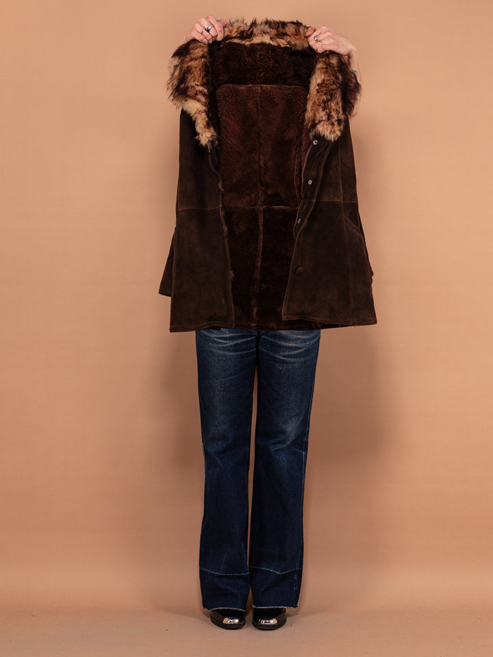 70's Sheepskin Coat with Fur Collar, Size S Small, Dark Brown Shearling Winter Coat, Vintage Women Boho Hippie Coat, Penny Lane Outerwear