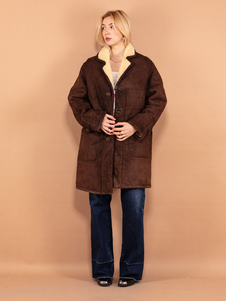 70's Western Sheepskin Coat, Size L Large, Vintage Suede Coat, Brown Winter Coat, Unisex Outerwear, Retro 70s Coat, Cowgirl Winter Wear