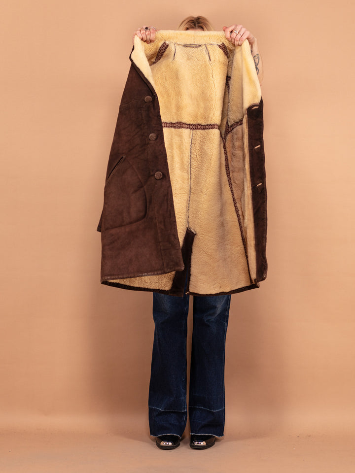 70's Western Sheepskin Coat, Size L Large, Vintage Suede Coat, Brown Winter Coat, Unisex Outerwear, Retro 70s Coat, Cowgirl Winter Wear