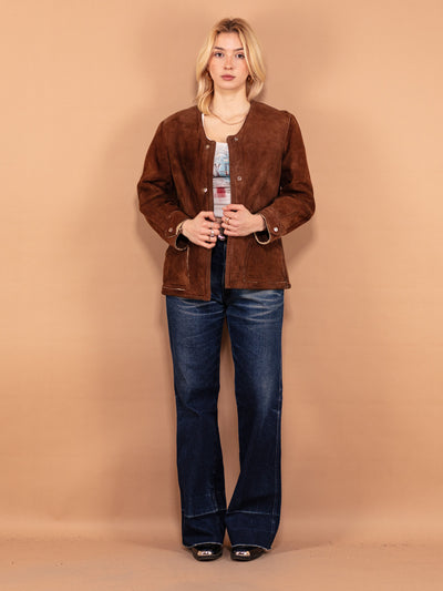 Western Suede Sheepskin Jacket 70's, Size M Medium, Round Neck Suede Jacket, Brown Autumn Spring Jacket, Boho Outerwear, Snap Button Jacket