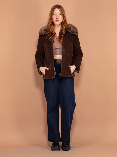 70's Zip Up Sheepskin Jacket, Size M Medium, Vintage Brown Suede Winter Jacket, Sheep Wool Collar Jacket, Retro Outerwear, 70s Boho Jacket