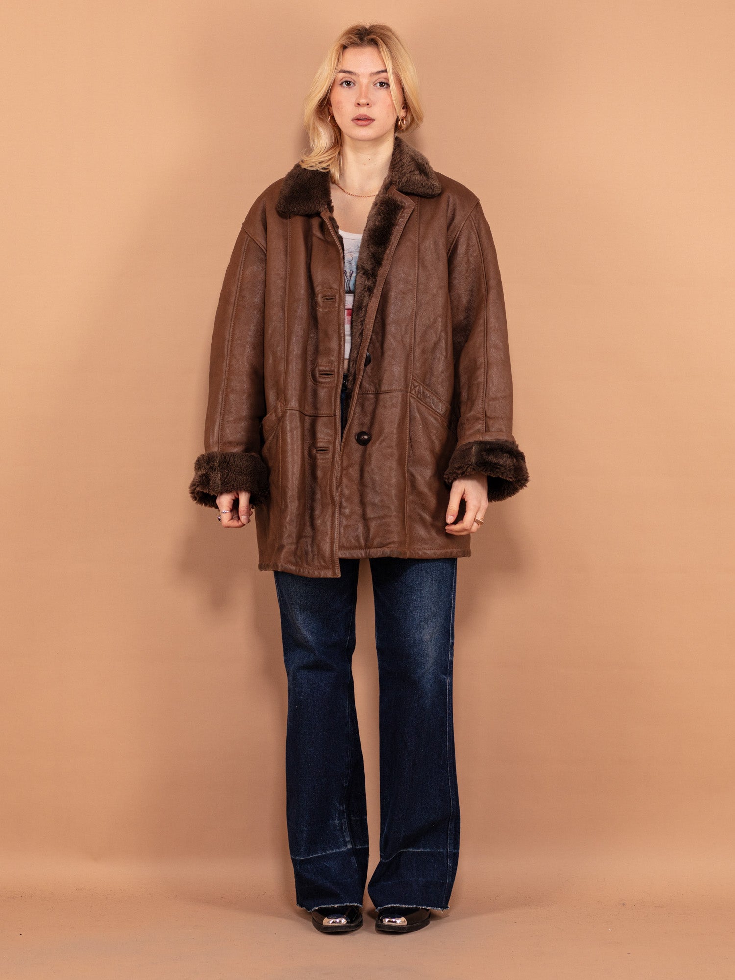 Online Vintage Store 80 s Women Oversized Sheepskin Coat in Brown Northern Grip NorthernGrip